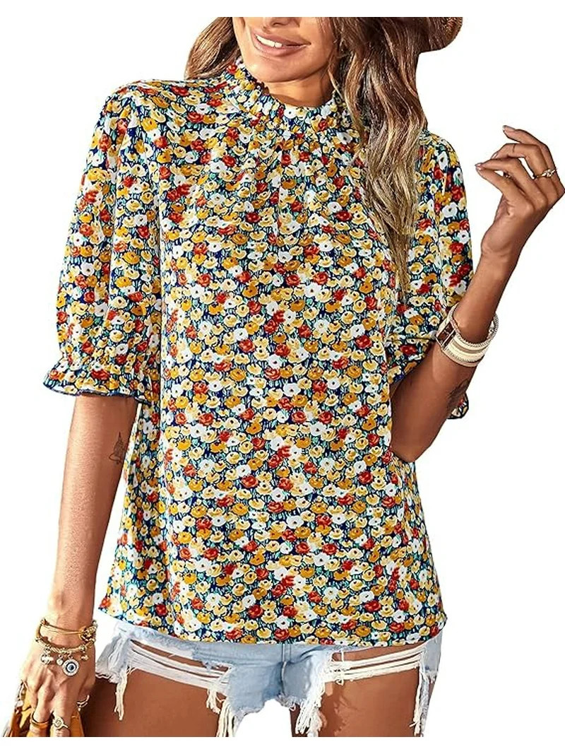 FreshPretty Women's Summer Boho Shirt Top Ruffle Short Sleeve Frill Trim Mock Neck Floral Solid C... | Walmart (US)