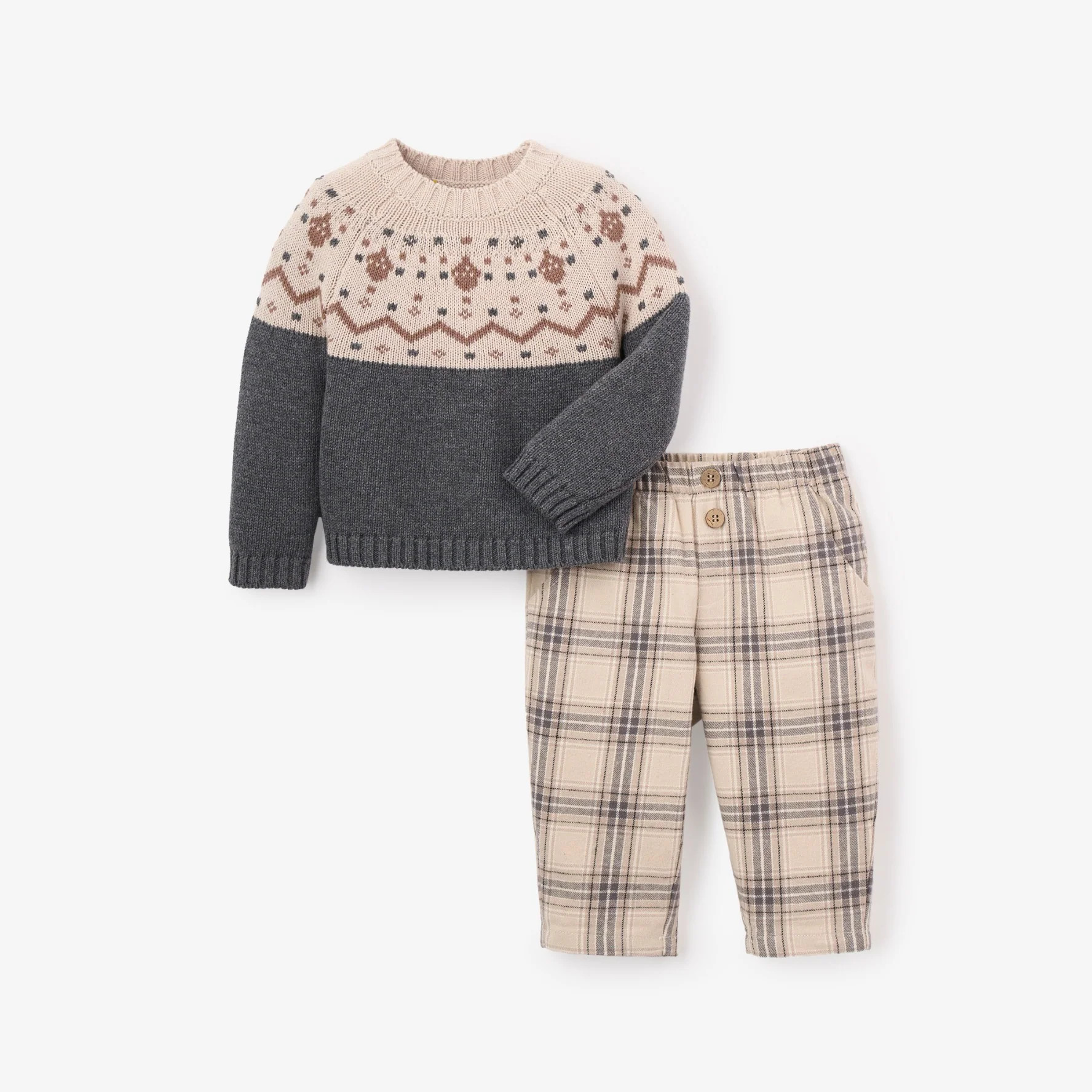 Charcoal Fairisle Sweater + Plaid Pant Set | Elegant Baby