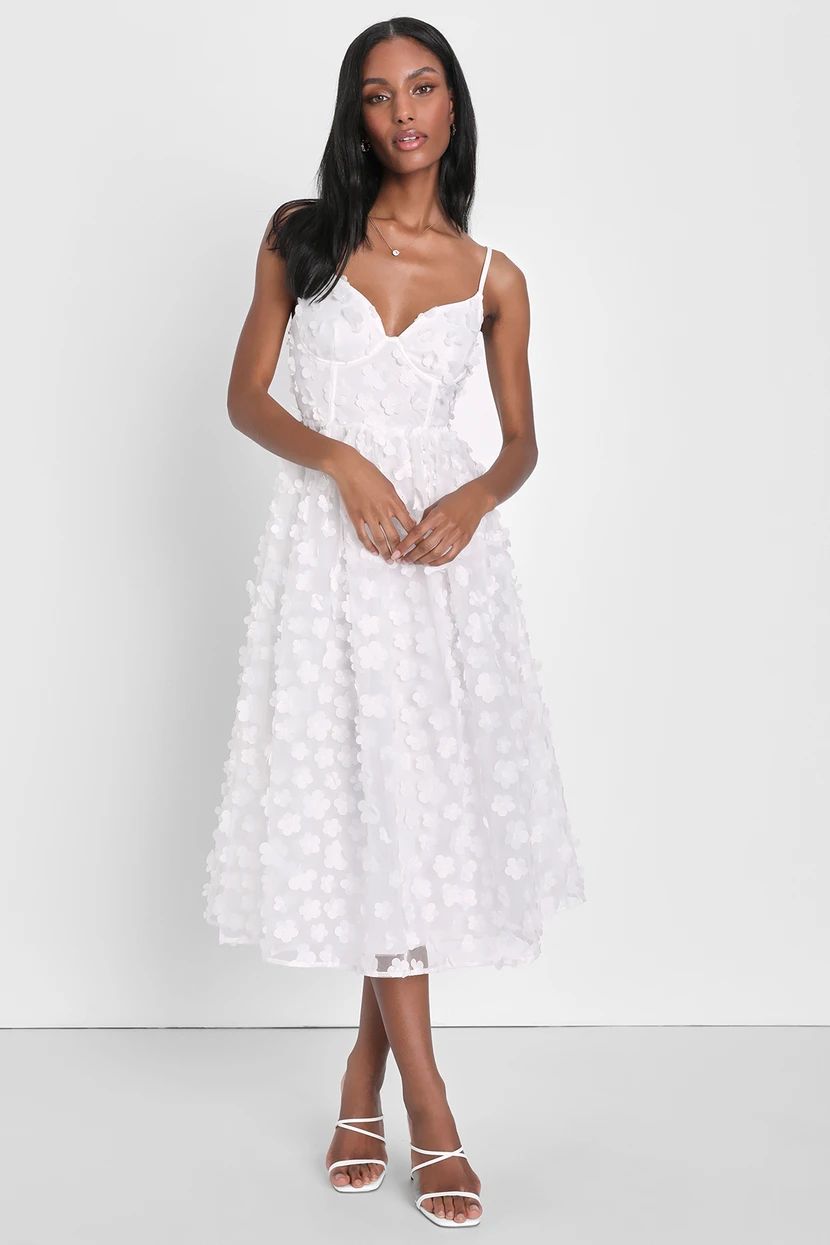 Whimsical Wishes White 3D Floral Bustier Midi Dress | Lulus (US)