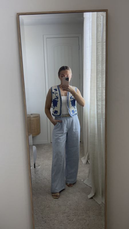 Linen pants styling with this Amazon embroidered vest 🦋 wearing size s in short length for pants, petite small in double lined white tube top (runs small size up one) size 5 mule heels, xs in vest + all my every day gold jewelry 

Amazon fashion 
Hollister 
Blue outfits 
Petite outfits 


#LTKstyletip #LTKVideo #LTKfindsunder50