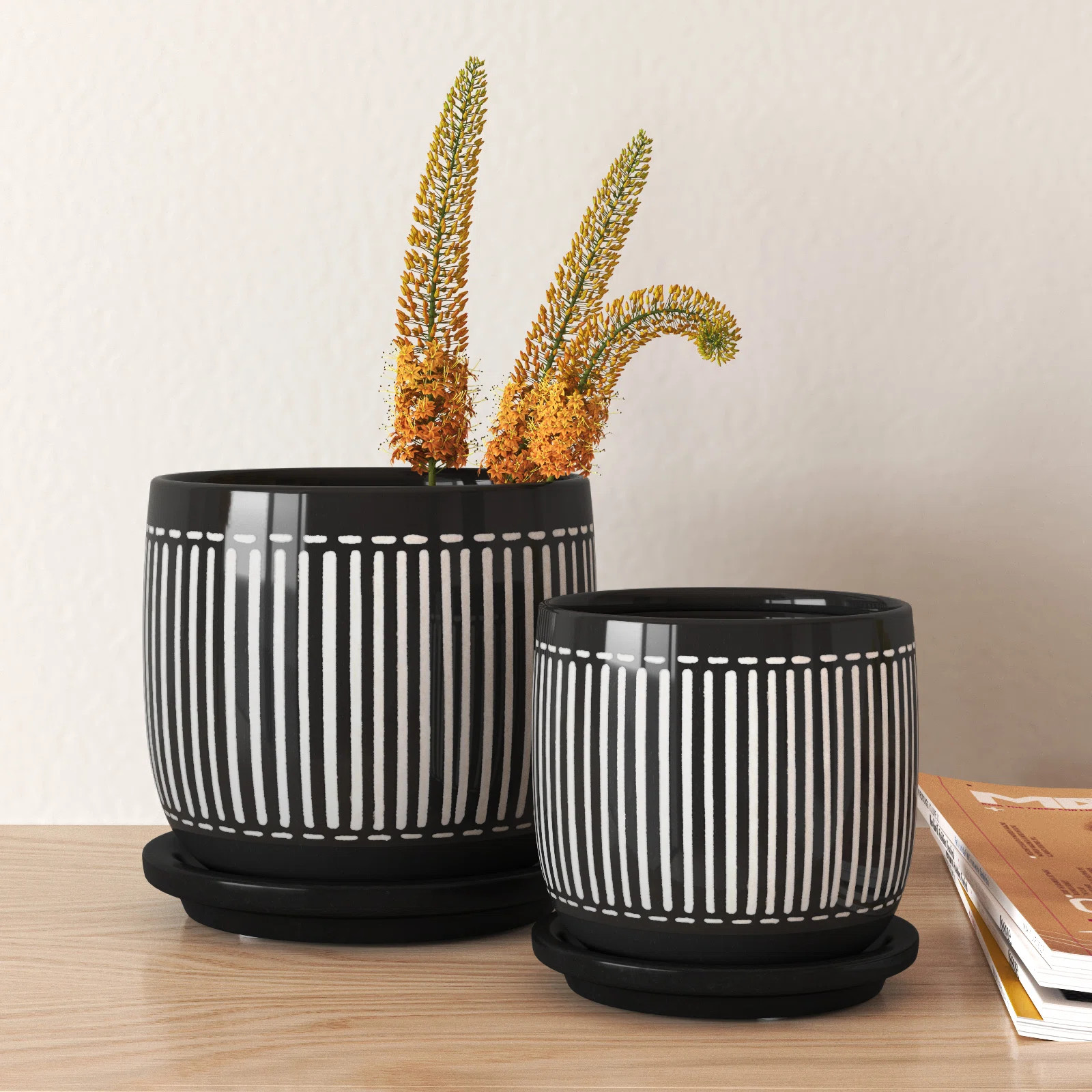 Modern Black and White Abstract Design Ceramic Planters with Saucers (Set of 2) | Wayfair North America