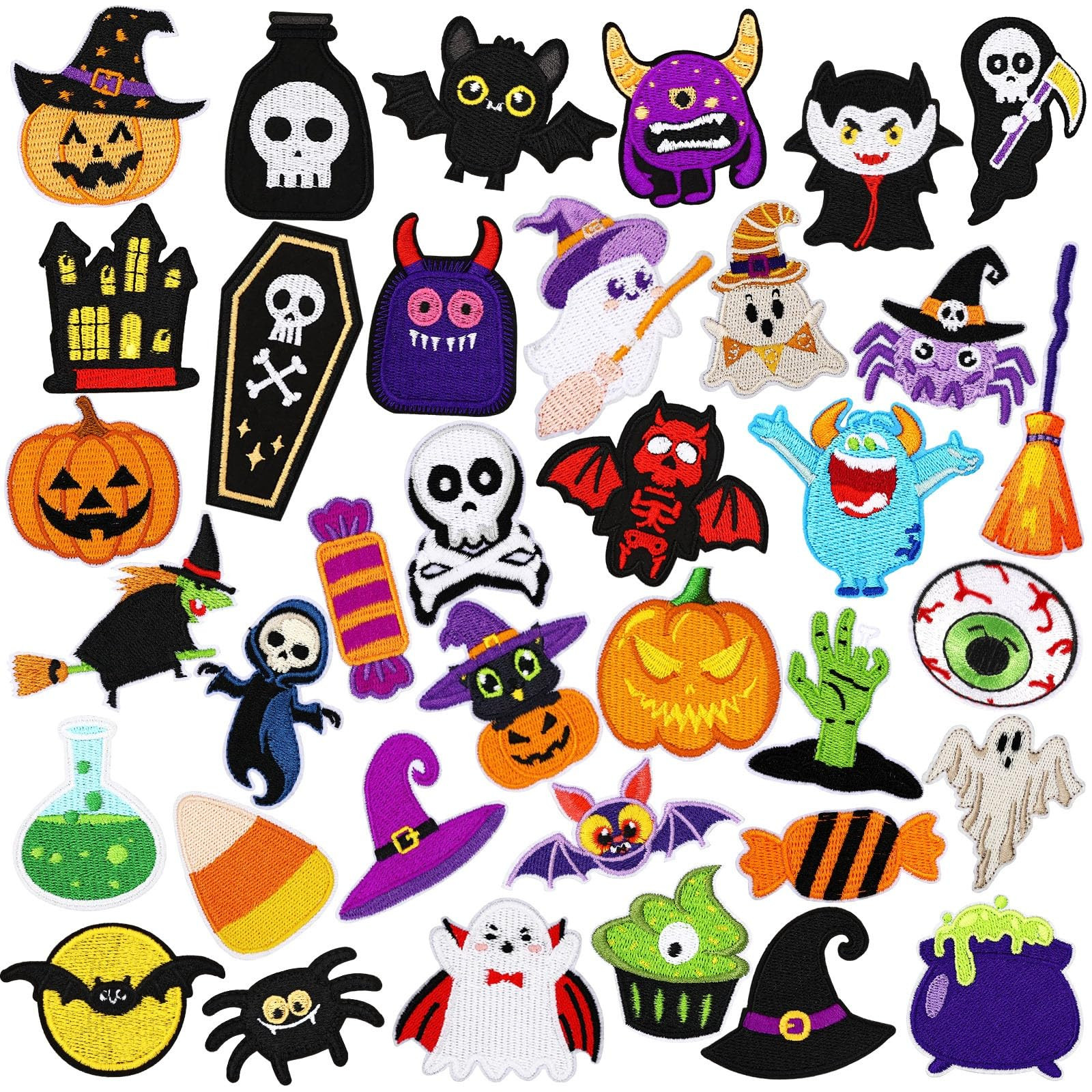 36pcs Self Adhesive Halloween Patches, Halloween Embroidered Sew Applique Repair Patch Cute Skull... | Amazon (US)