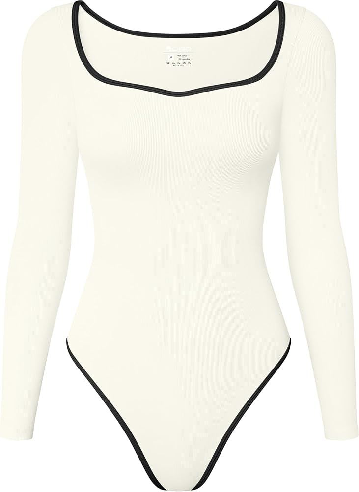 OQQ Women Bodysuit Contrast-Trim Square Neck Long Sleeve Stretch Bodysuit Tops | Amazon (US)