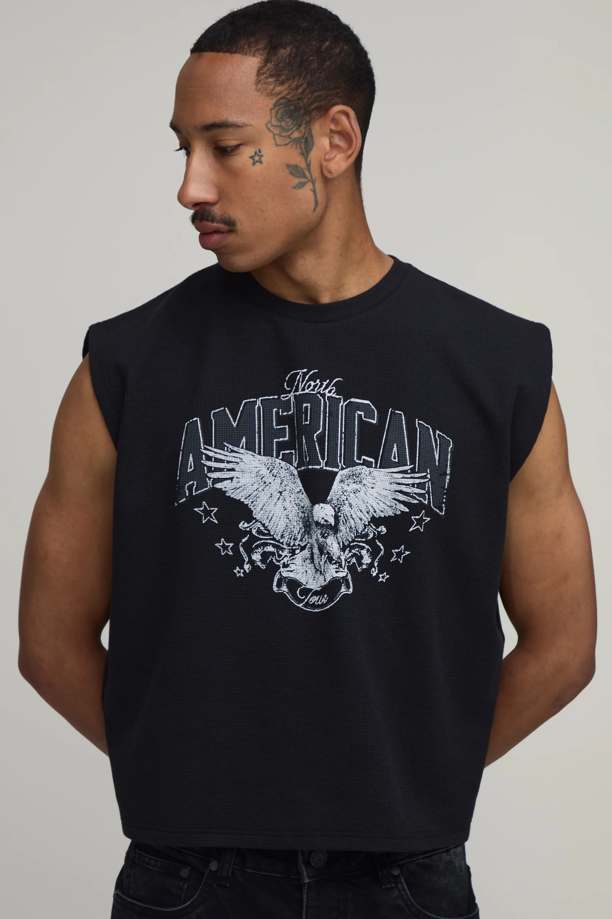 Oversized Waffle Eagle Print Short Sleeve Tank | boohooMAN (DE, IE & UK)