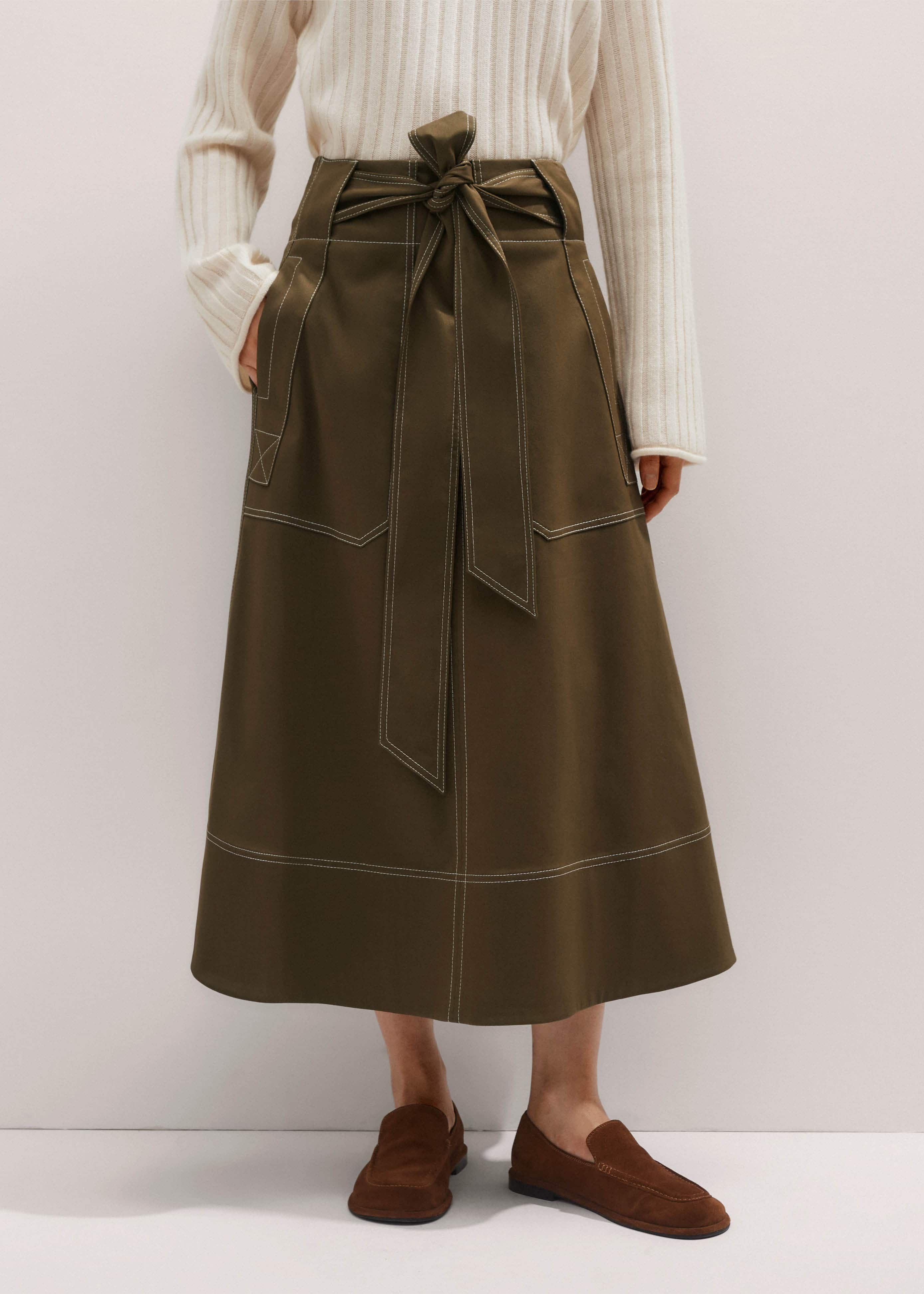 Women's Green Twill Contrast Stitch Maxi Skirt | ME+EM | ME+EM US