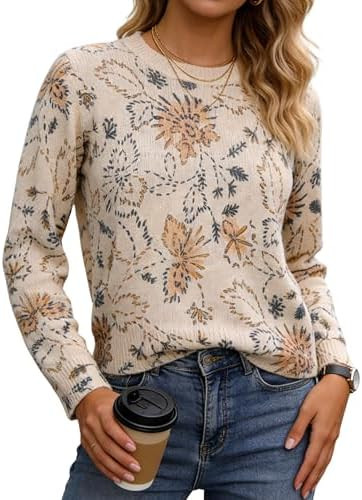 MINSURE Women's Floral Print Sweater Crew Neck Long Sleeve Soft Knit Pullover Tops for 2026 Sprin... | Amazon (US)