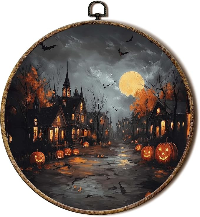 FSTCSV Spooky Halloween Round Wall Art Framed, Haunted House Pumpkin Canvas Prints Wall Hanging A... | Amazon (US)