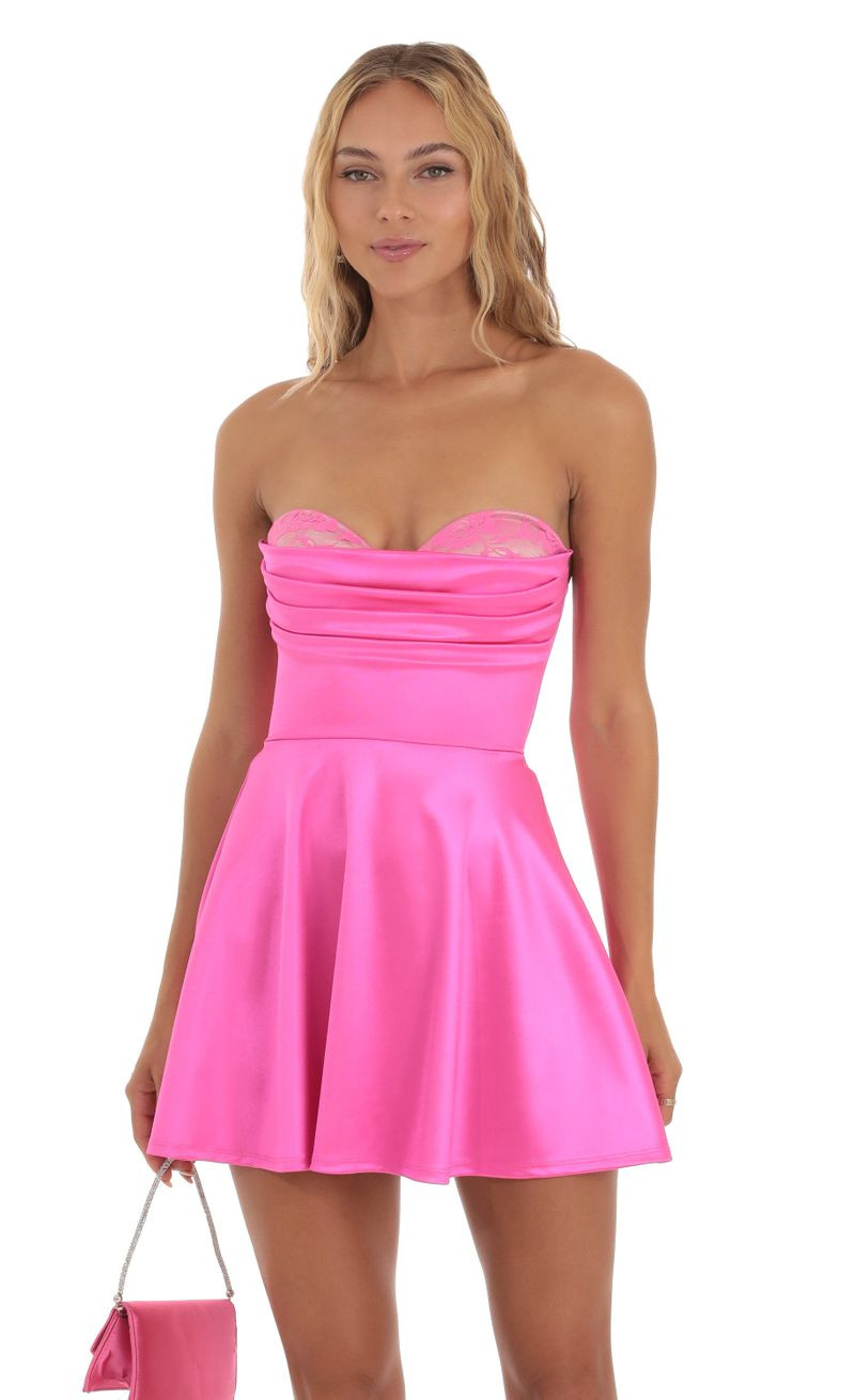 Satin Lace Bust Flare Dress in Pink | Lucy in the Sky