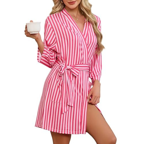 LYCY Robes for Women Striped Short Bathrobe, Soft Lightweight Kimono Robe with Pockets, 3/4 Sleeve Spa Sleepwear for Women(Rose Pink Stripe, L) | Amazon (US)