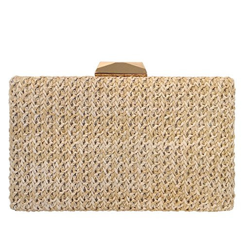 JNB Natural Straw Box Clutch for Women – Structured Evening Handbag with Gold Chain, Flip Top Closure, Card Pocket, Fits Large Phones, 7.75 x 1.5 x 4.5 inches, Natural | Amazon (US)