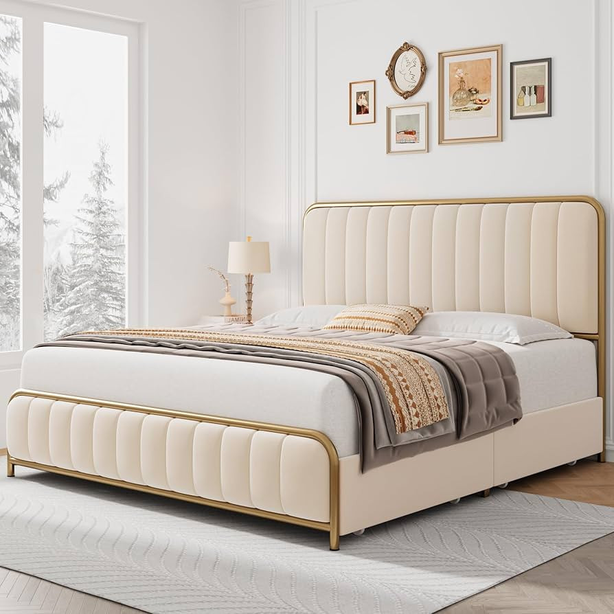 HITHOS King Size Upholstered Metal Bed Frame with 4 Storage Drawers and Headboard, Golden/Off Whi... | Amazon (US)