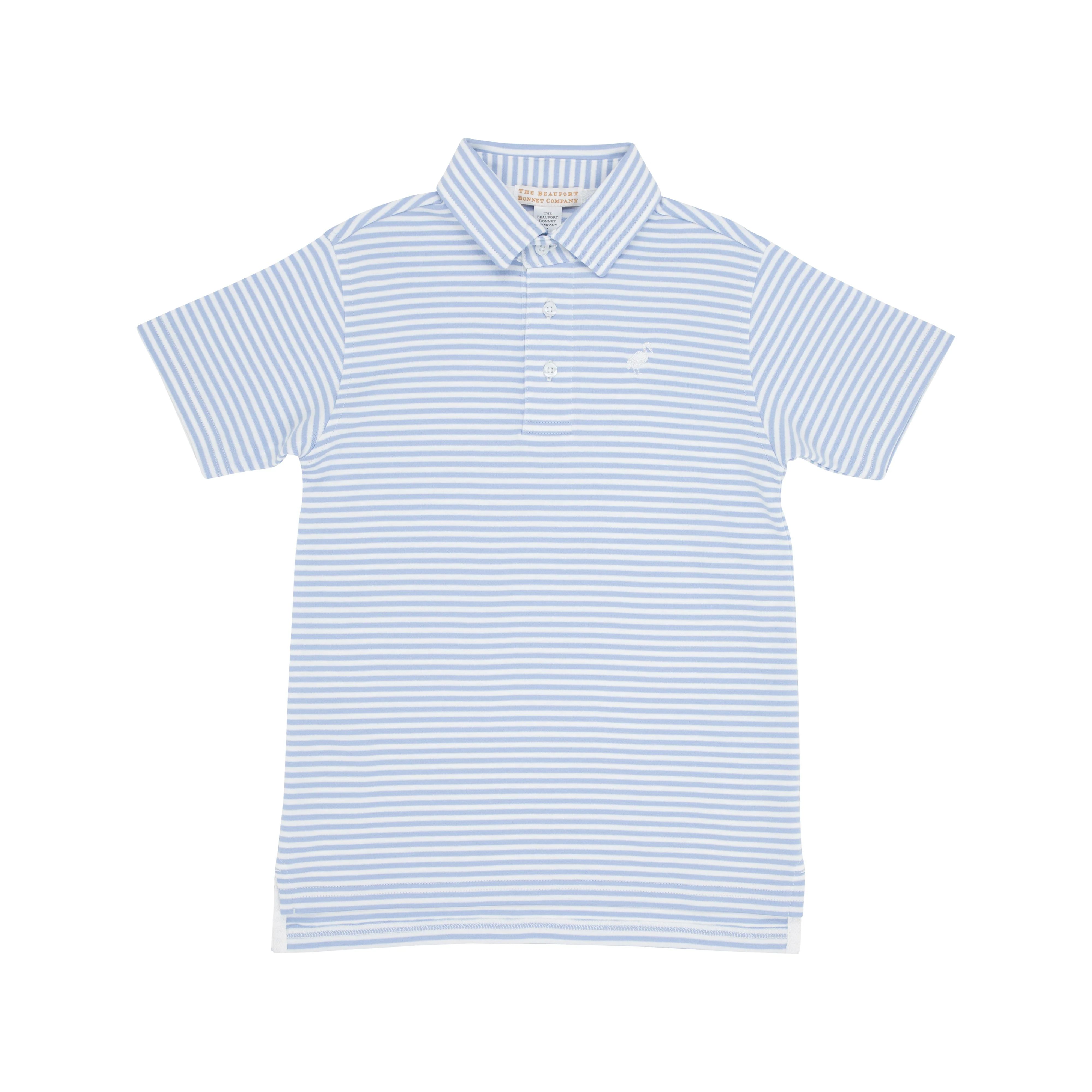 Prim and Proper Polo in Beale Street Blue Stripe with Worth Ave White Stork | Loozieloo