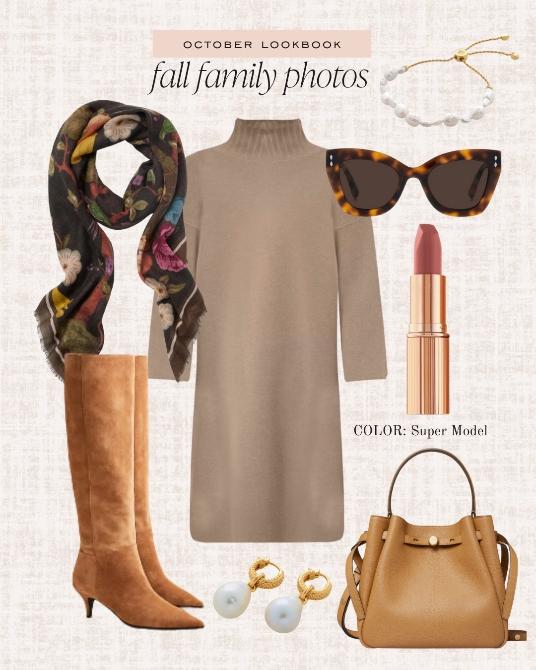 Fall family photos outfit idea 💗 sweater dress, floral scarf, silk scarf, Tory hutch, Tory Burch handbag, suede boots, cognac boots, cognac suede boots, pearl earrings 

#LTKSeasonal #LTKFindsUnder100