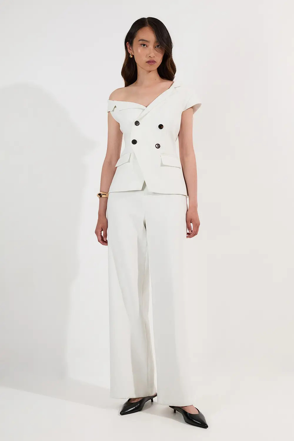 Jumpsuits | Petite Compact Stretch Asymmetric Collar Wide Leg Tailored Jumpsuit | KarenMillen | Debenhams UK