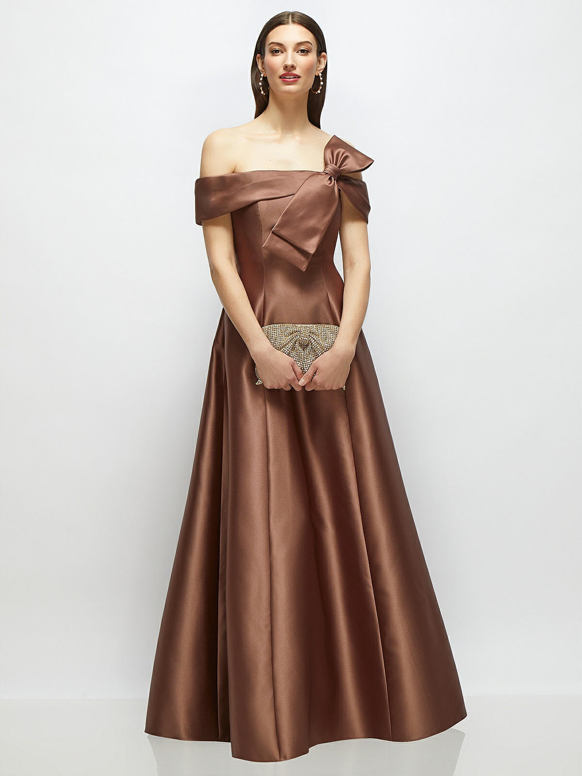 Asymmetrical Bow Off-Shoulder Satin Gown with Ballroom Skirt in Cognac | Dessy Group