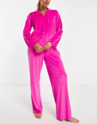 Loungeable super soft velour camp collar pajama set in hot pink | ASOS (Global)