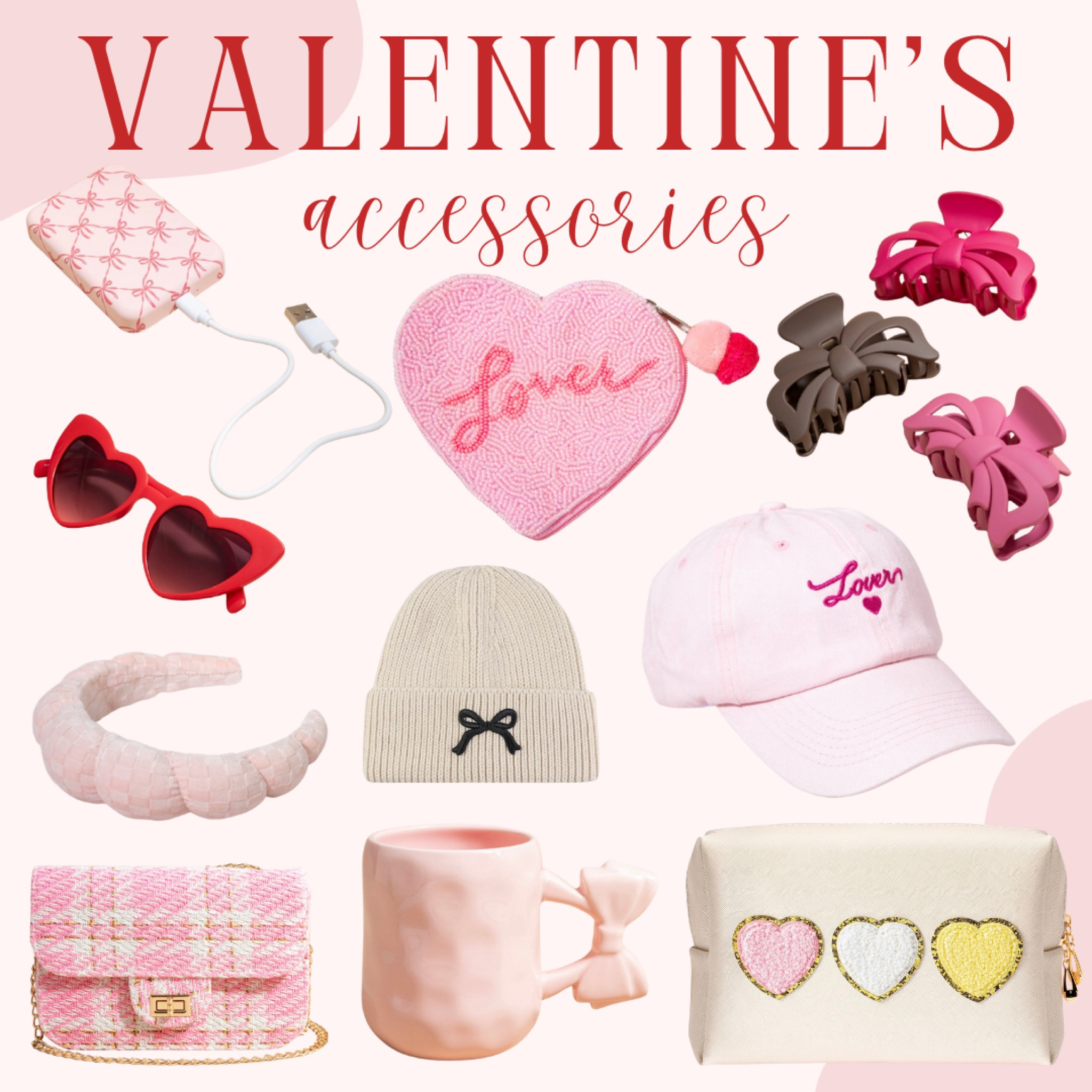 Valentine’s Day accessories!! 
The cutest accessories for this Valentine’s Day! 
💋💋💋

Portable charger, bags, pouches, hair clips, sunglasses, headbands, makeup headbands, beanie, bows, lover, hat, purses, dupes, mugs, patch bags
#red #white #pink #celebrate #vday #vday2025 #francescas #affordable 

#LTKSeasonal #LTKFindsUnder50 #LTKGiftGuide