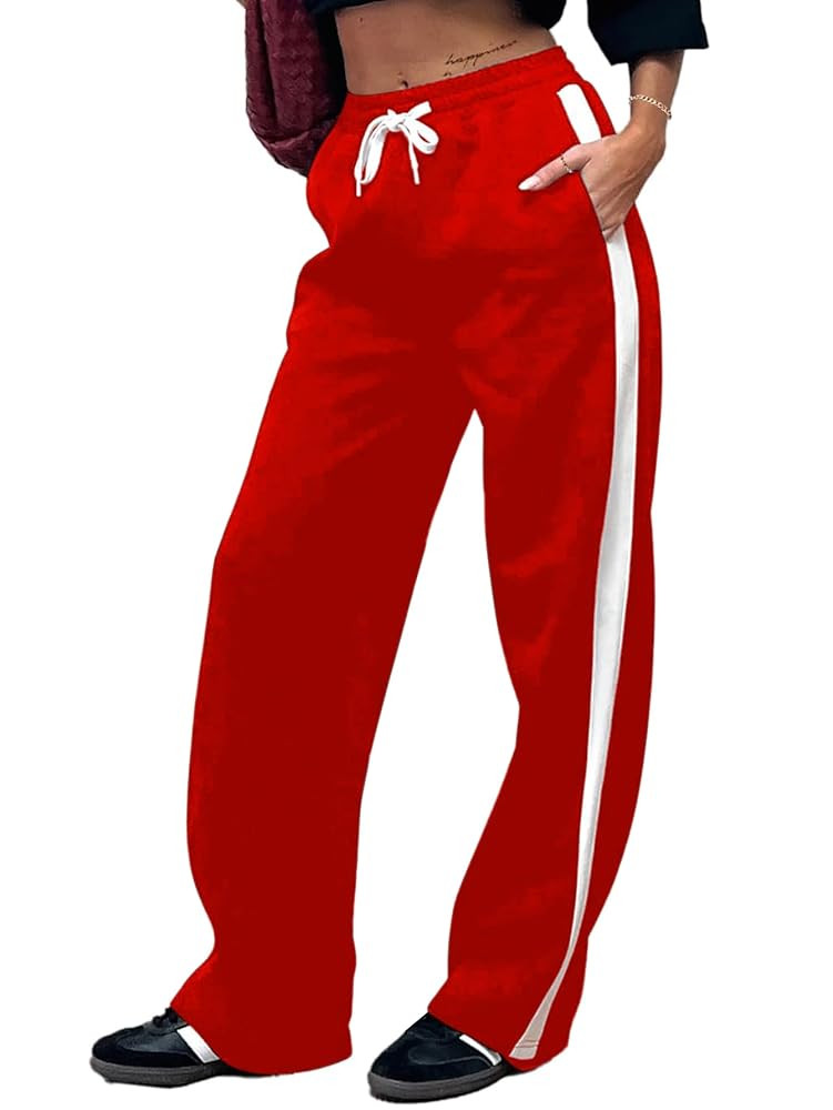 SOFIA'S CHOICE Women's Drawstring Sweatpants Side Stripe Pants Wide Leg Track Pants with Pockets | Amazon (US)