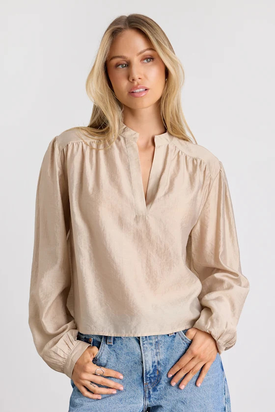 Zhena Beige Gathered Balloon Sleeve Top | Lulus