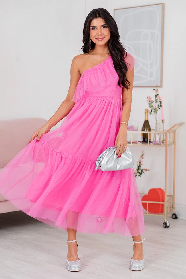 Season Of Love Pink One Shoulder Tulle Midi Dress | Pink Lily