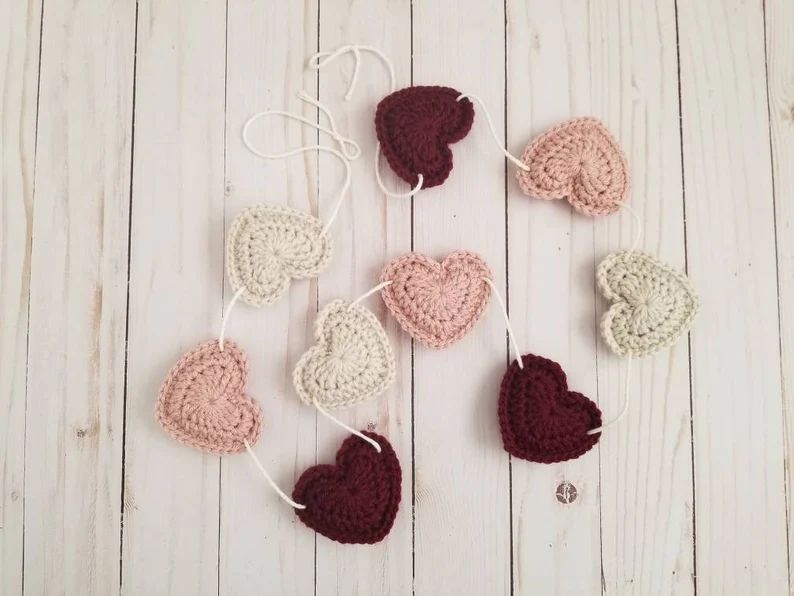 Puffy heart garland - valentine decor - hearts decor - fireplace decor - crochet heart garland - ... | Etsy (US)