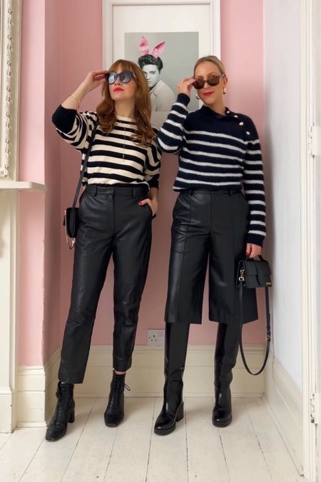 Stripe jumpers with leather trousers and long leather shorts. Black leather knee high boots 

#LTKfindsunder100 #LTKfindsunder50