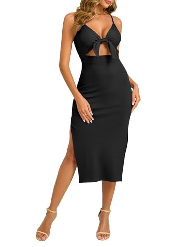 oten Casual Cutout Twist Front Ribbed Dress Spaghetti Strap Sleeveless Side Slit Cocktail Party Bodycon Midi Dresses Black X-Small | Amazon (US)