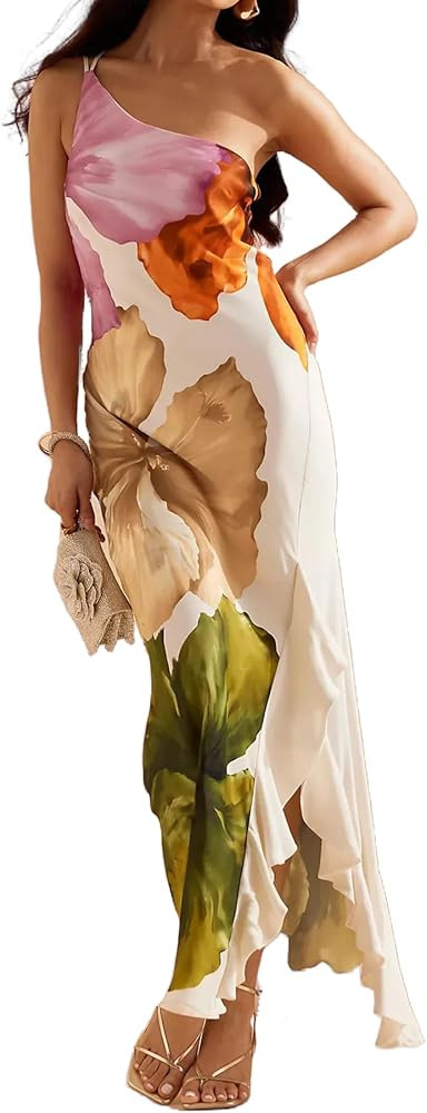 Women's Summer Maxi Casual Floral Ruffle High Low One Shoulder Club Party Long Split Dresses | Amazon (US)