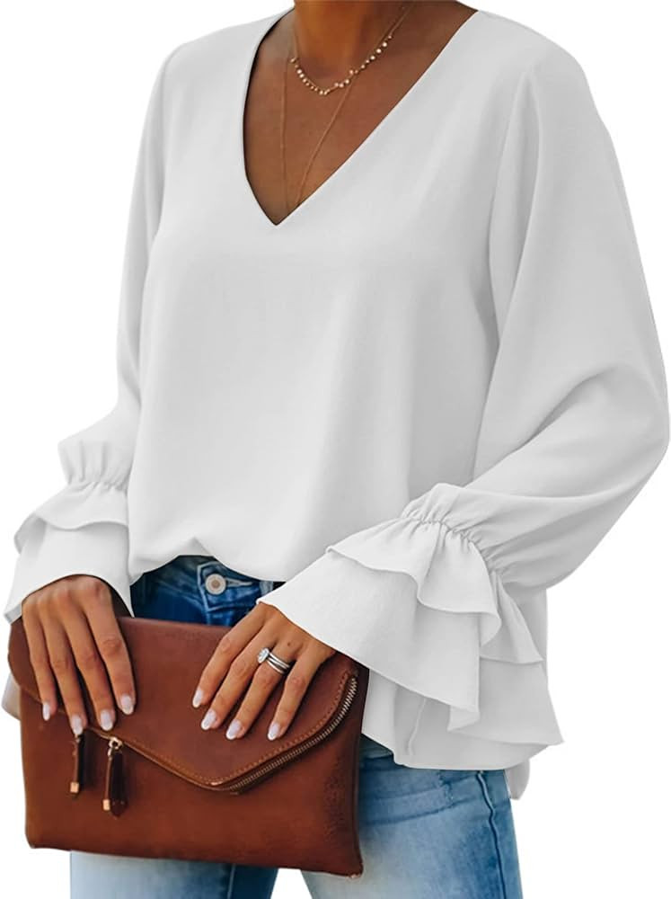 LYANER Women's Casual V Neck Tiered Ruffle Bell Long Sleeve Blouse Shirt Tunic Top | Amazon (US)