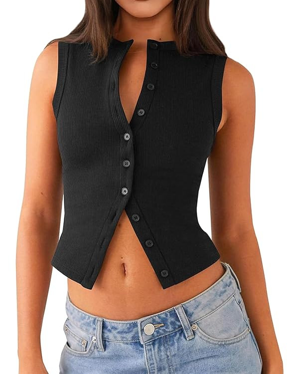 Womens Going Out Tops Summer Spring Ribbed Tank Sexy Crop Cute Y2K Button Down T Shirts Fashion C... | Amazon (US)