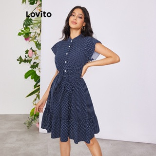 Lovito Vestido Feminino Casual Com Botão De Bolinhas E Babado Na Bainha Com Cinto LBE02097 (Azul... | Shopee (BR)