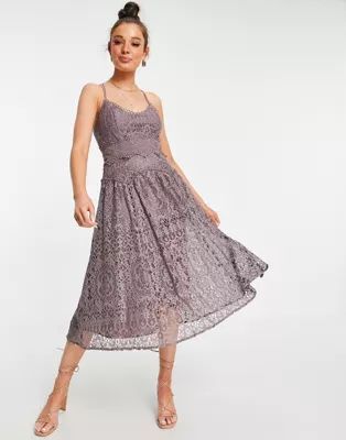 ASOS DESIGN cami strap midi prom dress in lace with circle trims in Dusty Mauve | ASOS (Global)