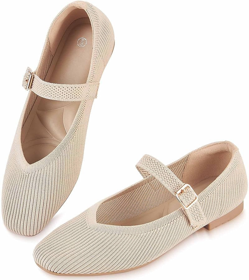 Knit Flats for Women Square Toe Ballet Flats with Strap, Washable Women Dressy Ballet Mary Jane S... | Amazon (US)