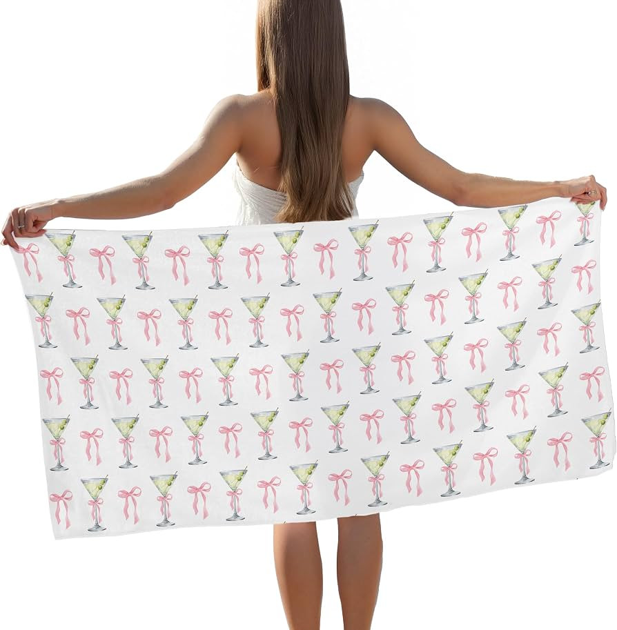 Pink Bow Martini Beach Towel, Gifts for Martini Lovers Women Girls Pool Towels, Pink Preppy Coque... | Amazon (US)