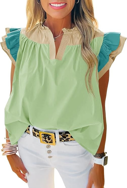 Tankaneo Womens Ruffle Color Block Tank Tops Summer Casual Dressy V Neck Pleated Blouse Loose Fit... | Amazon (US)