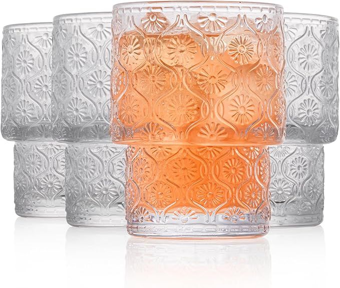 Glass Cups Vintage Glassware | Set of 4 Small, Embossed Stackable Pattern Style Transparent Cockt... | Amazon (US)