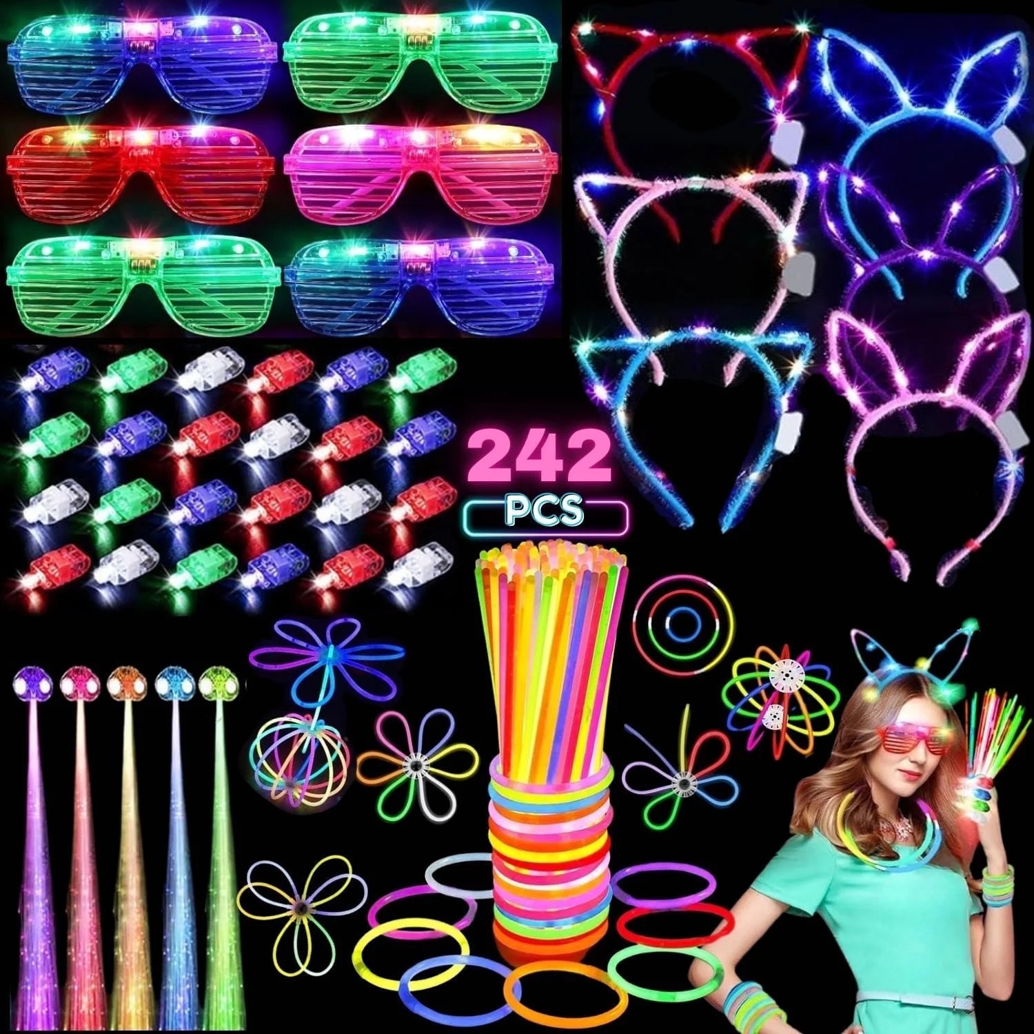 242PCS Glow in the Dark Party Supplies, Light Up Glasses, Headband, Rings, 100 Glow Sticks Bulk P... | Walmart (US)