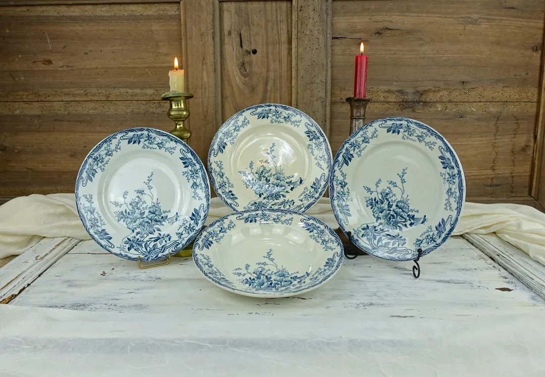 Longwy Azalea Plate & Bowl Set, Three Plates and One Bowl in Blue and White Transferware, Art Nou... | Etsy (US)