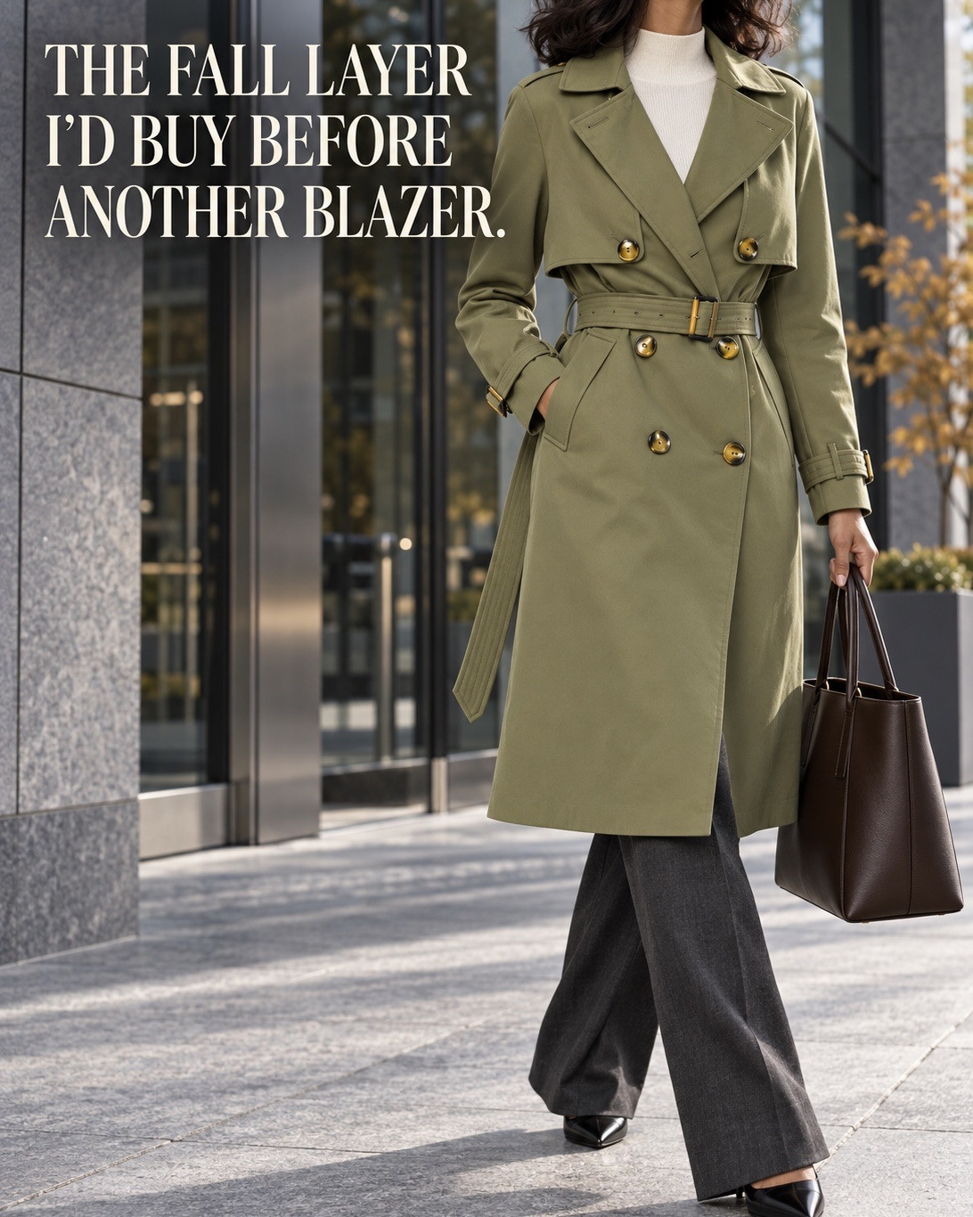 Before you buy another blazer, buy the layer that actually gets you to the office.

This olive trench adds structure without repeating the same black-and-taupe blazer formula. It works over navy, charcoal, ivory, and soft blue, and the buckled waist keeps it polished instead of shapeless.

Wear it with:

• Ivory knit + charcoal trousers
• Navy column dress + pointed boots
• Soft-blue shirt + navy trousers

This is a fall commute layer, not a true winter coat.

The exact trench not a similar substitute is linked in my LTK storefront. Tap the link in bio to shop it. Save this for your next workwear decision.