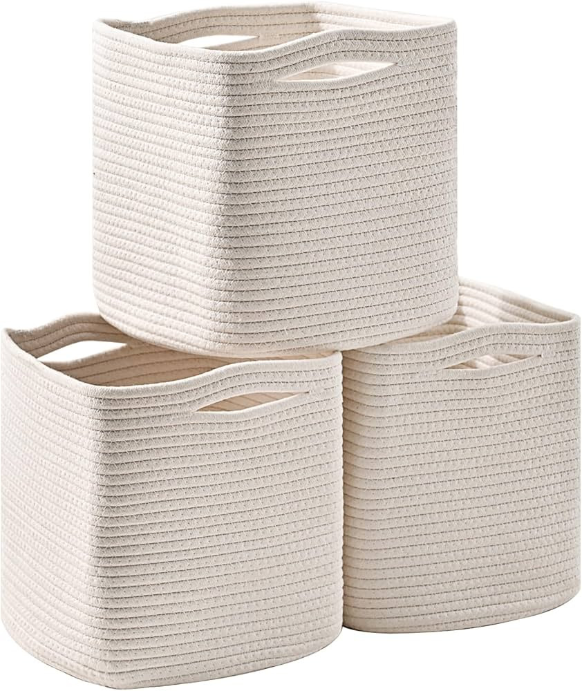 11 Inch Cube Storage Bins, Organizer Bins, Woven Cotton Rope Baskets for Storage, Storage Baskets... | Amazon (US)