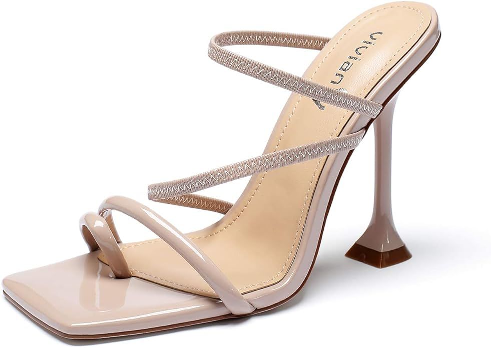 vivianly Women's Toe Ring Strappy Heels Sandals Square Open Toe Sandal Stiletto High Heel Slip on... | Amazon (US)
