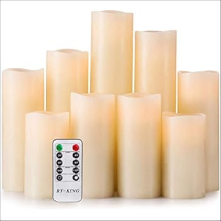 Click for more info about RY King Battery Operated Flameless Candles 4" 5" 6" 7" 8" 9" Set of 9 Real Wax Pillar LED Flicker...