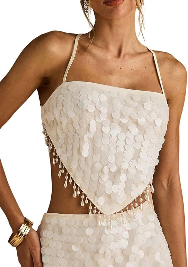 MakeMeChic Women's Sequin Beaded Fringe Halter Tops Criss Cross Backless Sparkly Party Crop Tops | Amazon (US)