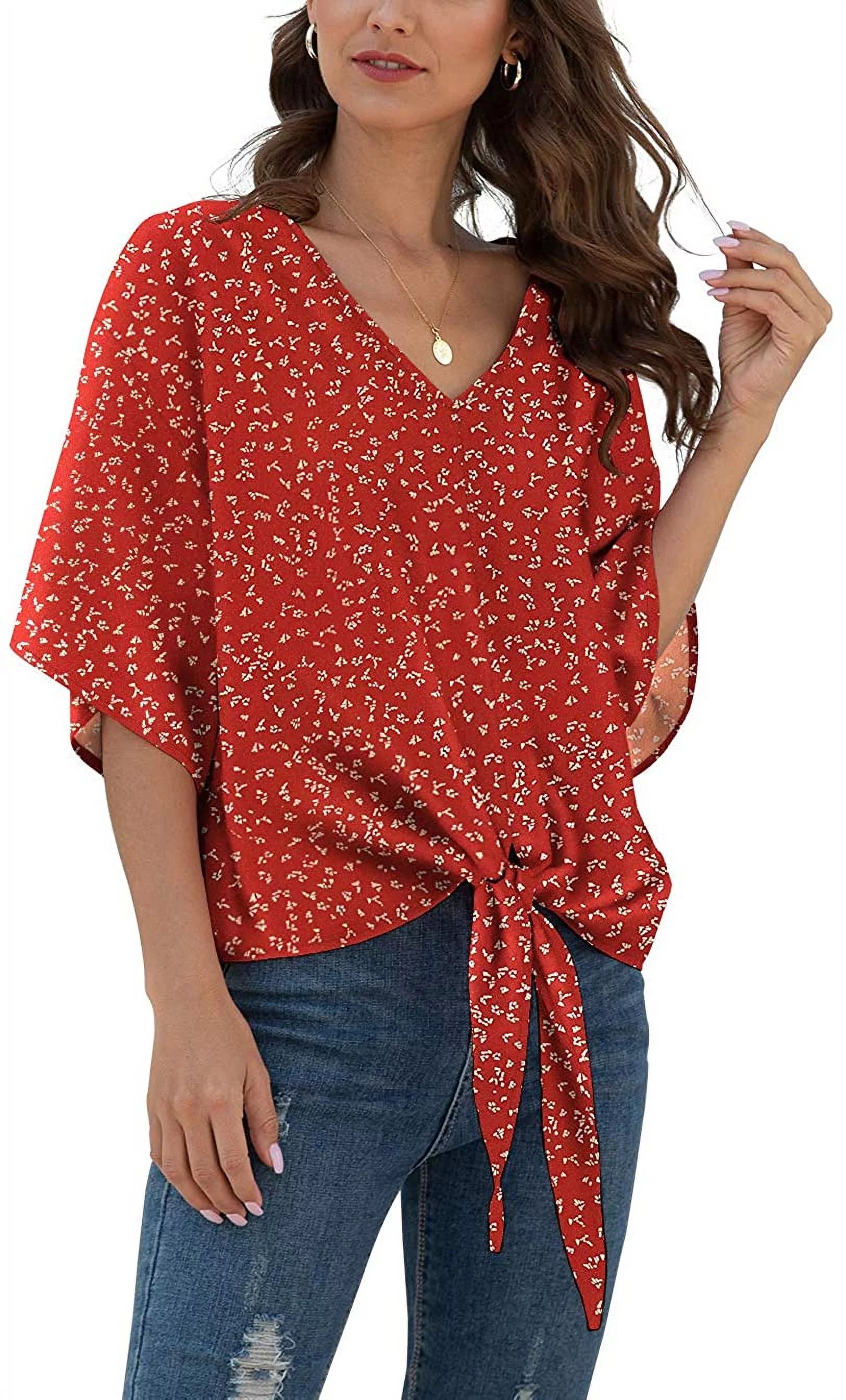 JuneFish Women's Floral Tie Front Chiffon Blouses V Neck Batwing Short Sleeve Summer Tops Shirts | Walmart (US)