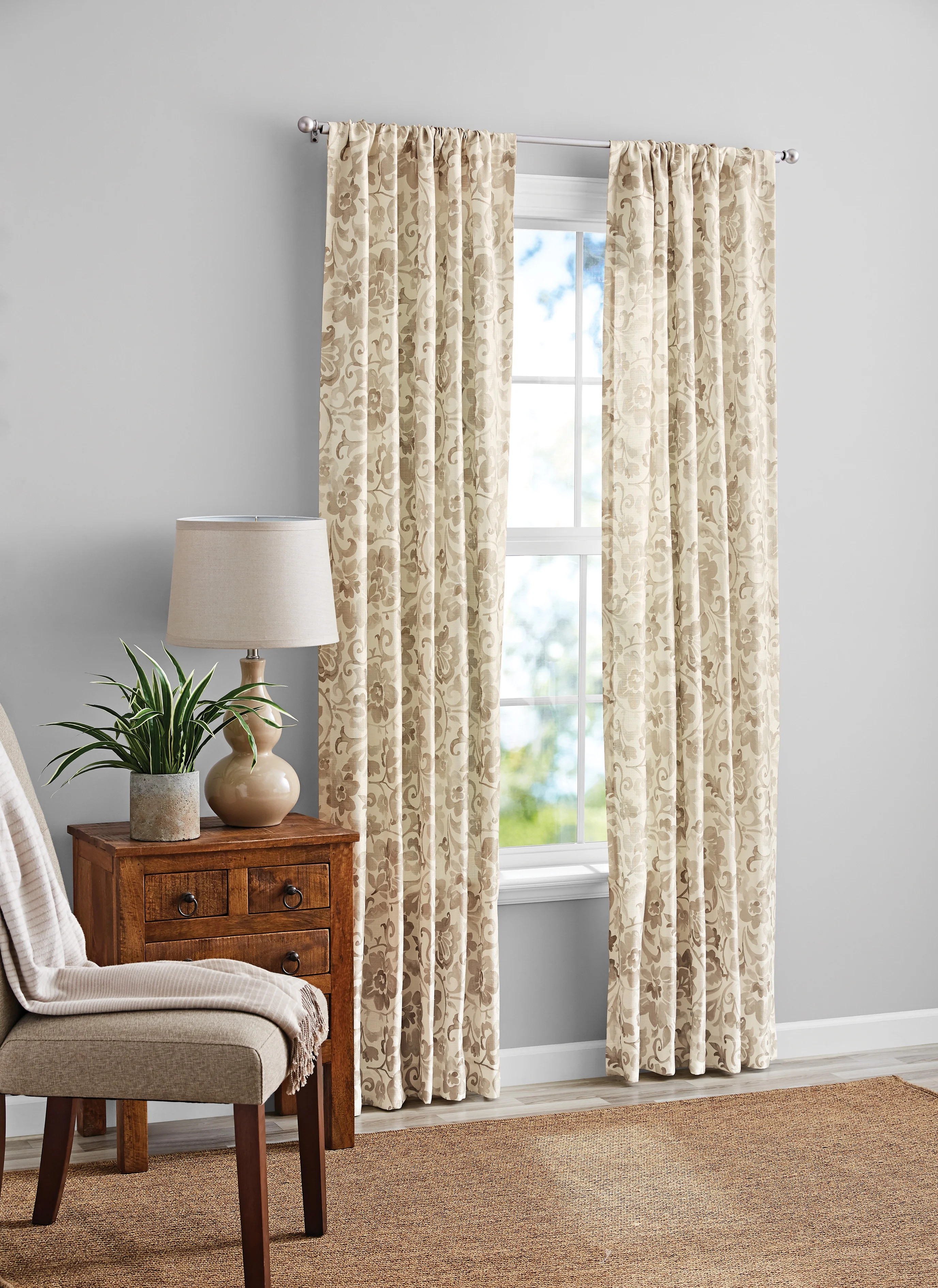 Mainstays Southport Ivory Floral Print Light Filtering Rod Pocket Curtain Panel Pair, Set of 2, I... | Walmart (US)