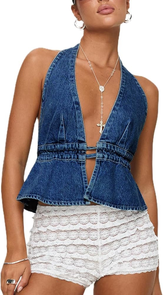 Women Sexy Tie Front Denim Vest Sleeveless Deep Vneck Tank Top Backless Jean Vest Vintage Going O... | Amazon (US)