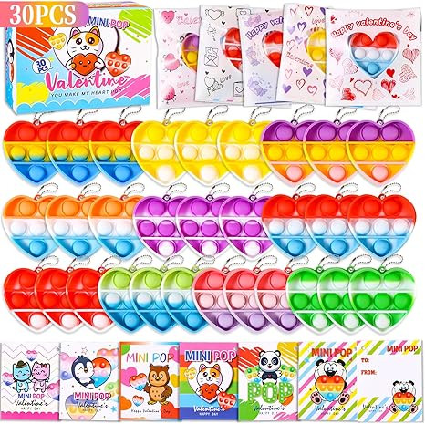 Valentines Day Gifts for Kids, 30 PCS Valentine Heart Mini Pop Fidget Toys with Cards, Classroom ... | Amazon (US)