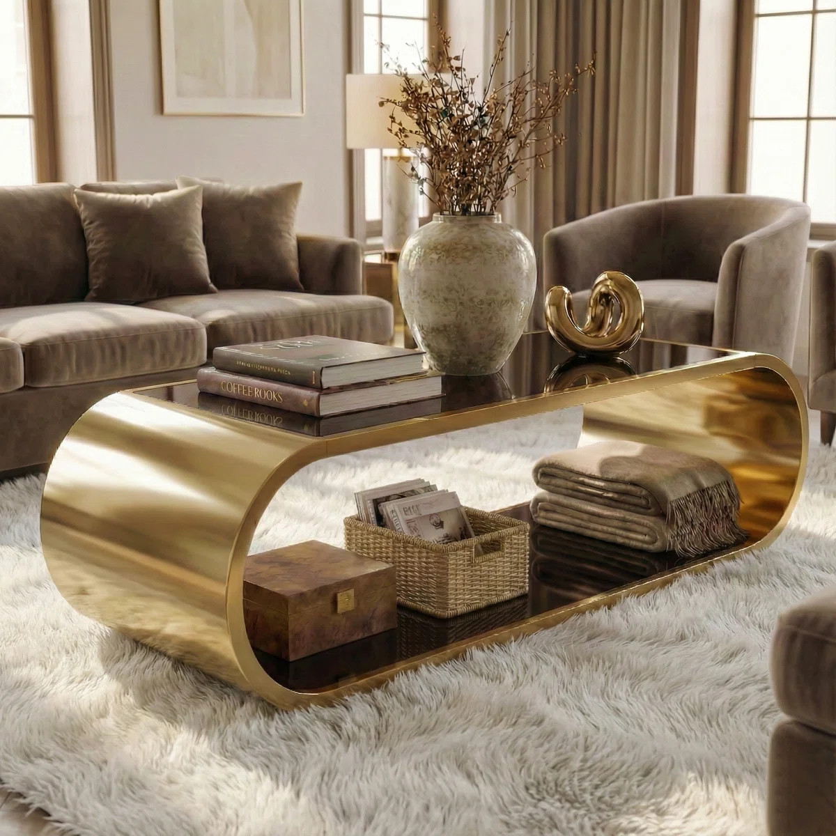 Aura 57" Modern Oval Coffee Table, Gold Stainless steel & Tempered Glass  2-Tier Cocktail Table | Wayfair North America