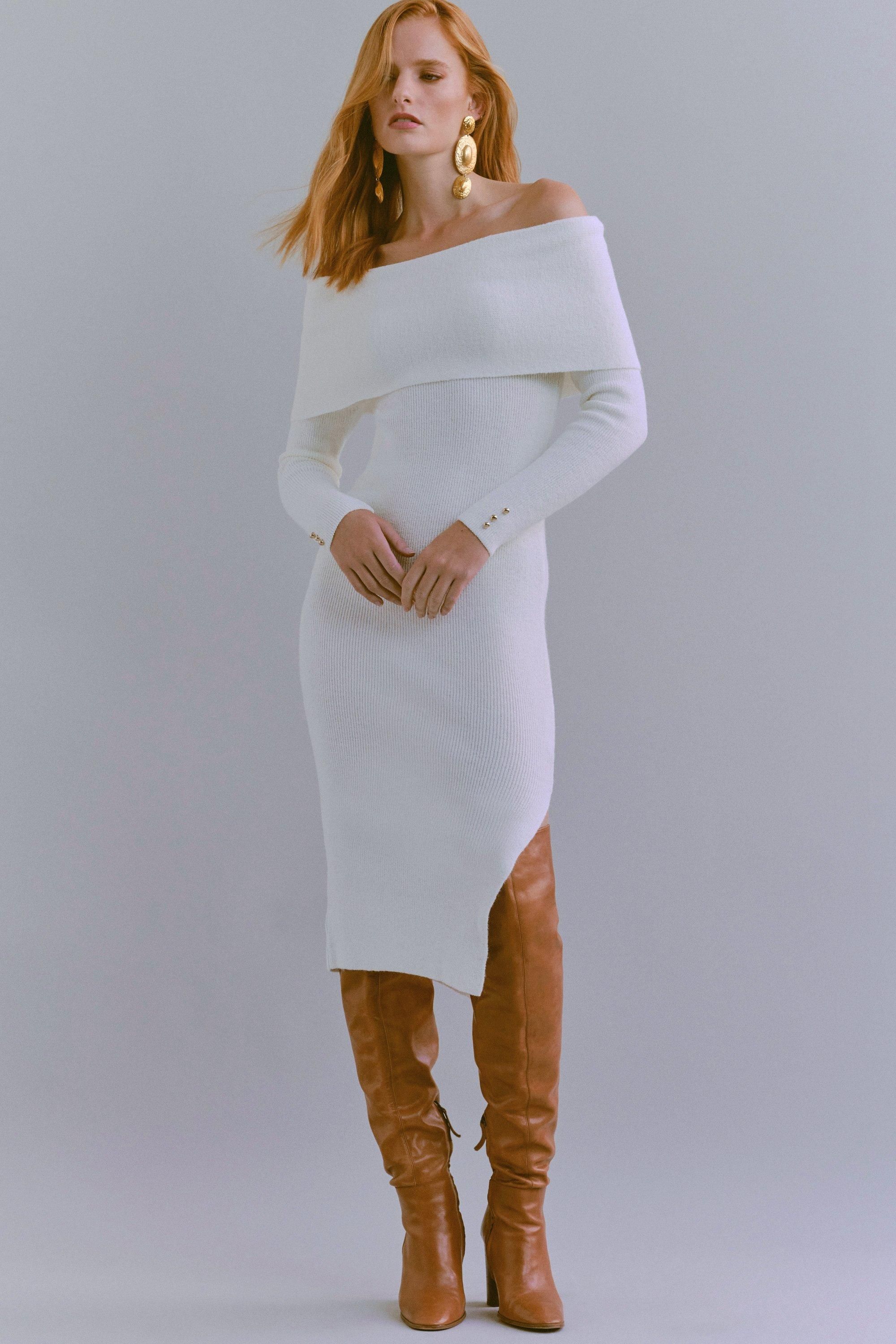 Cosy Bardot Midi Knitted Dress | Karen Millen UK & IE