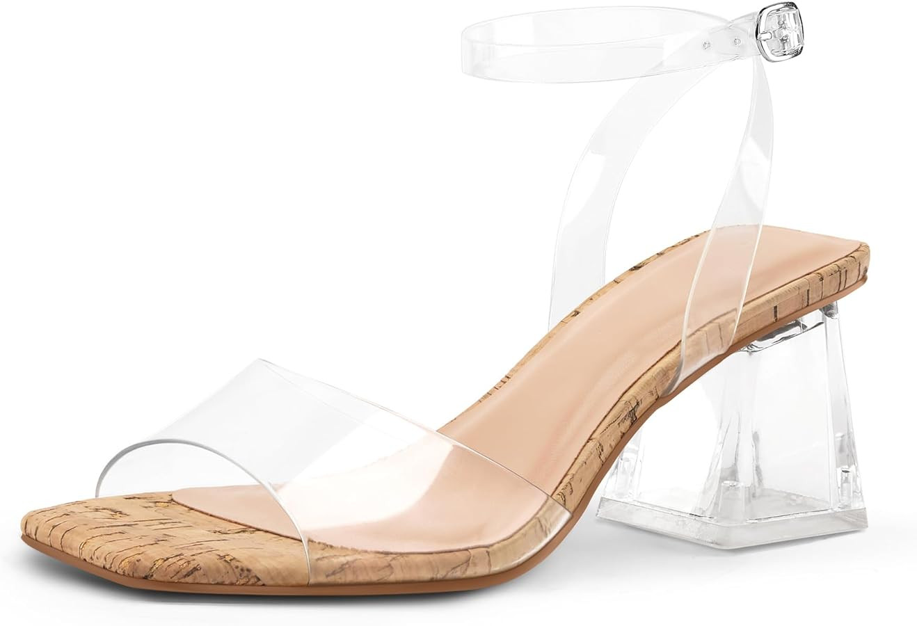 mysoft Women's Clear Block Heels Open Toe Ankle Strap Dress Sandals | Amazon (US)
